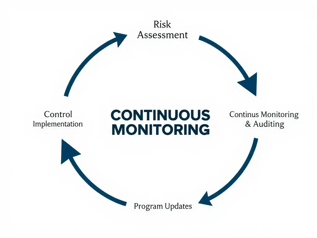 A circular feedback loop illustrating continuous monitoring: Risk Assessment -> Policy Design -> Control Implementation -> Continuous Monitoring & Auditing -> Program Updates (repeating loop).