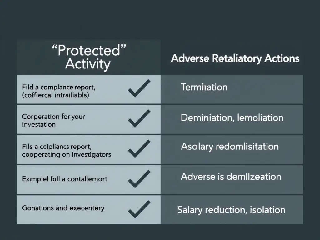 A comparison chart contrasting 'Protected Activity' (e.g., filing a compliance report, cooperating with investigators) with examples of 'Adverse Retaliatory Actions' (e.g., termination, demotion, salary reduction, isolation).