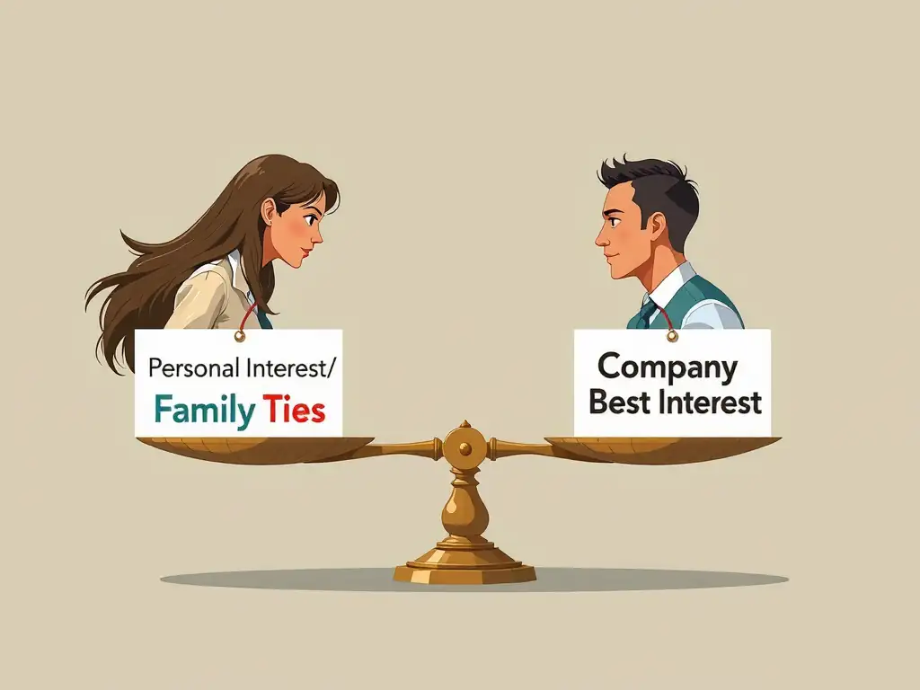 An illustration showing a scale balancing 'Personal Interests / Family Ties' against 'Professional Duties / Company Best Interest,' showing how an imbalance creates a conflict of interest.