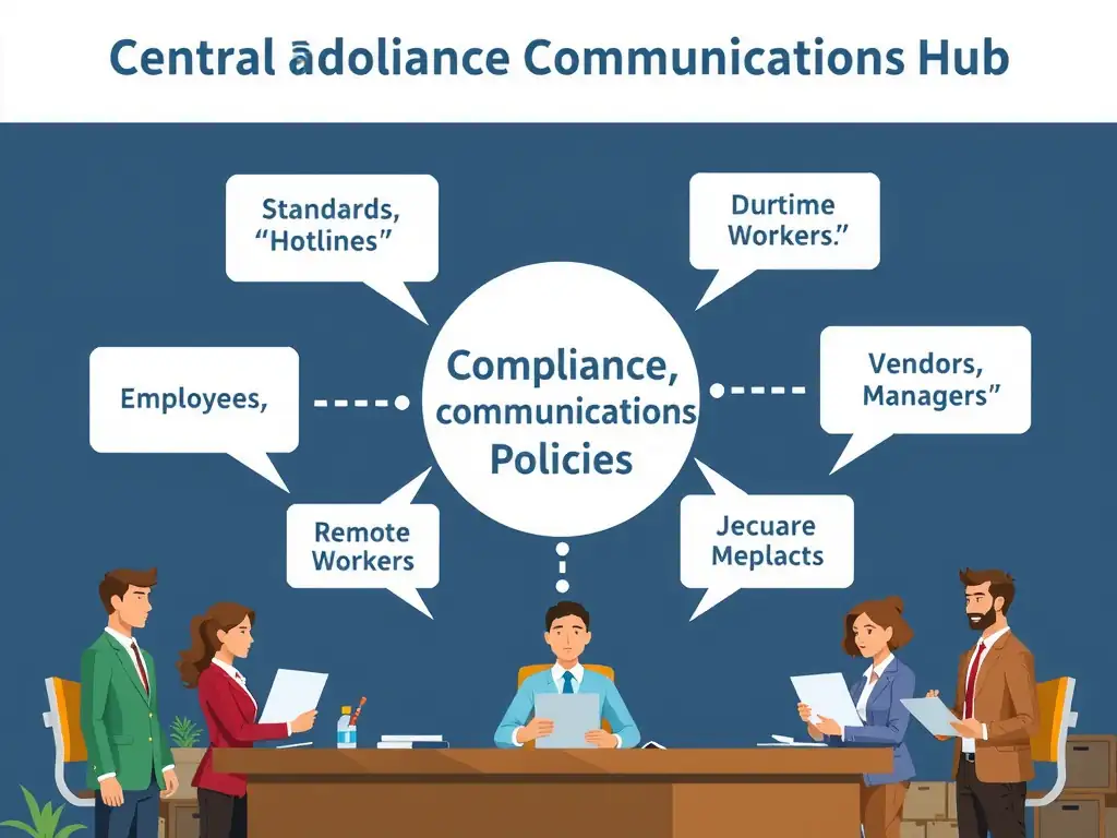 A graphic showing a central compliance communications hub sending clear, accessible messages (Standards, Hotlines, Policies) to diverse stakeholders (Employees, Remote Workers, Vendors, Managers).