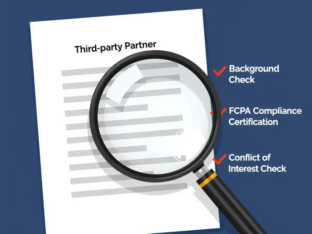 A magnifying glass focusing on a third-party partner document, with checkmarks next to 'Background Check,' 'FCPA Compliance Certification,' and 'Conflict of Interest Check' to illustrate due diligence.
