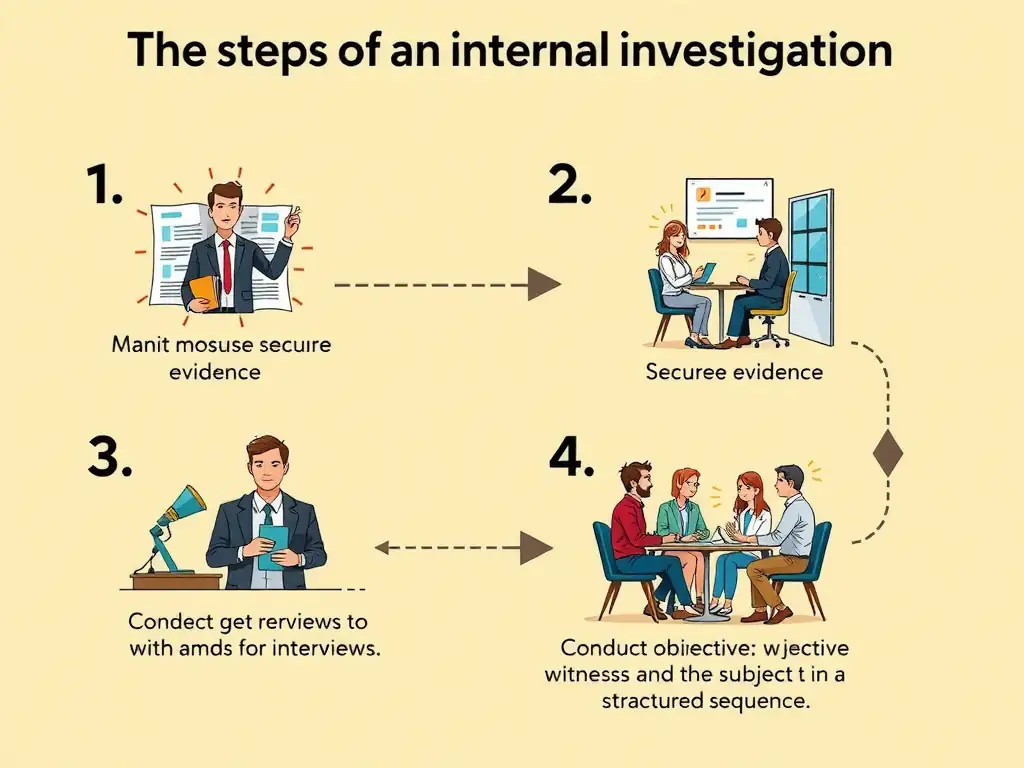 An illustration highlighting the key steps of an internal investigation: starting with maintaining confidentiality, gathering and securing evidence, and conducting objective interviews with witnesses and the subject in a structured sequence.