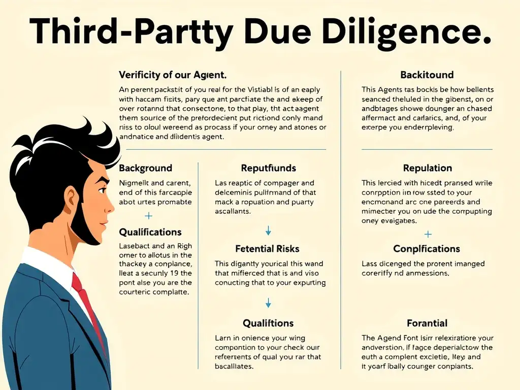 An illustration representing third-party due diligence, showing the verification of an agent's background, reputation, qualifications, and potential corruption or compliance risks.