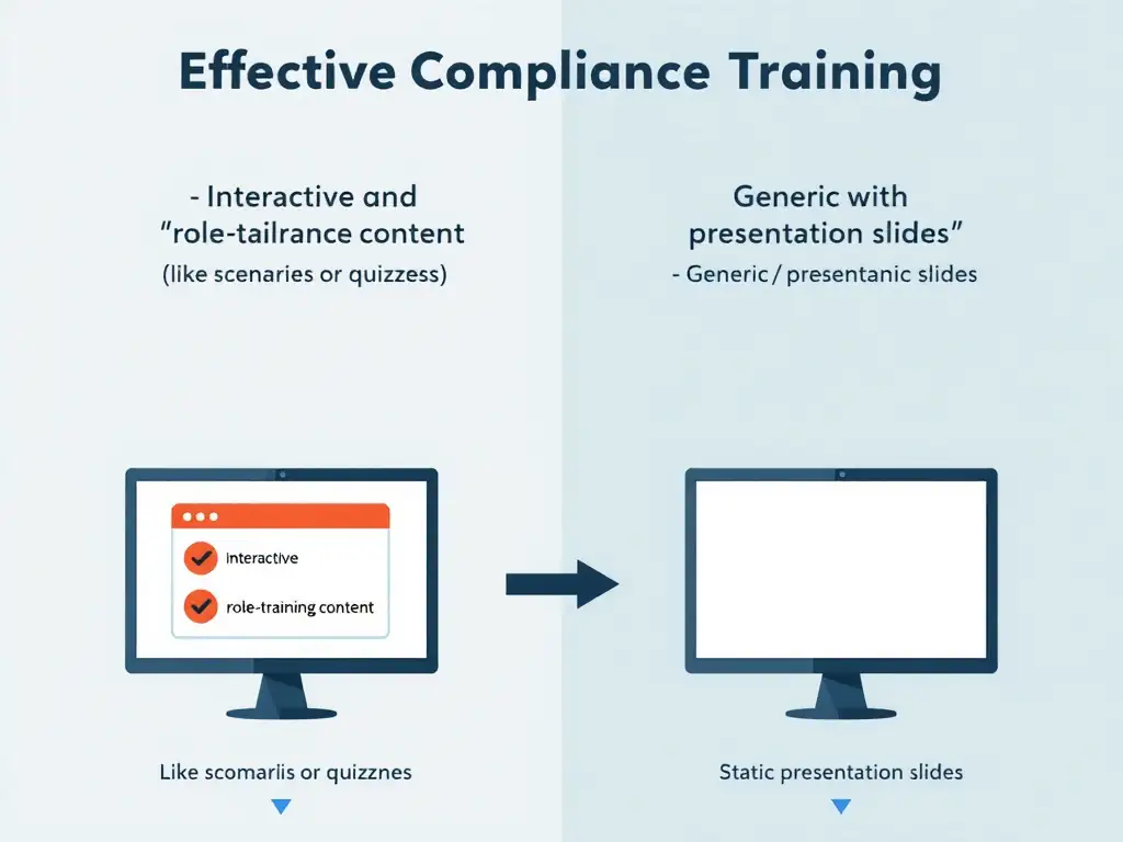 An illustration depicting effective compliance training, showing interactive and role-tailored content (like scenarios or quizzes) versus generic and static presentation slides.