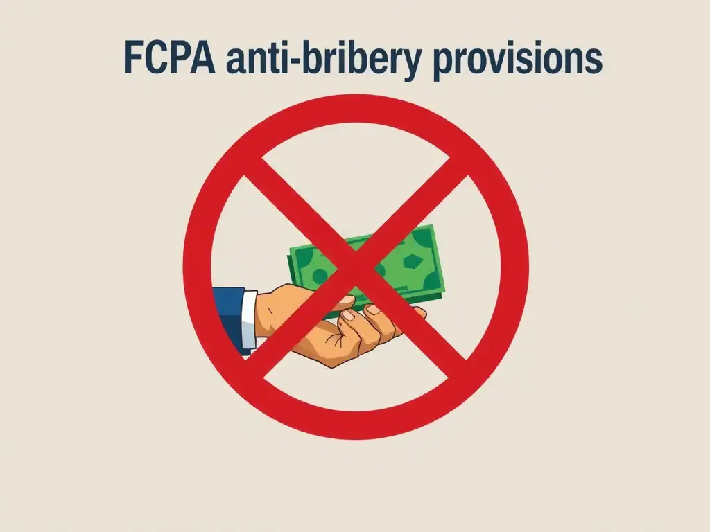 An illustration representing the FCPA anti-bribery provisions, showing the prohibition of giving or promising money or anything of value to a foreign government official to obtain business.