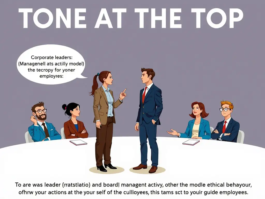 An illustration showing 'tone at the top' with corporate leaders (management and board) actively modeling ethical behavior, showing how their actions set the culture and guide employees.