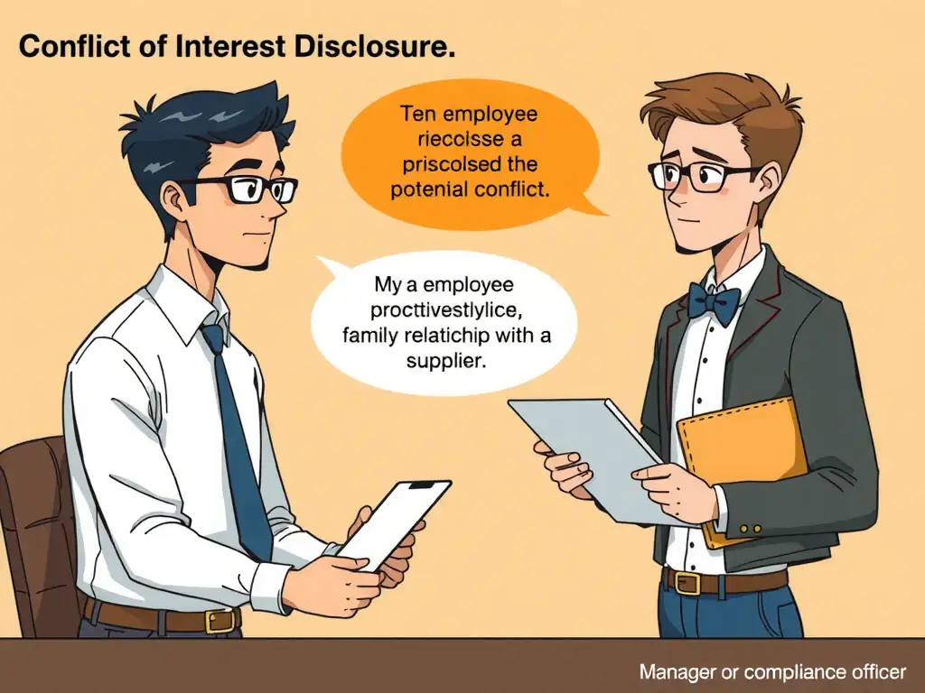 An illustration depicting conflict of interest disclosure, showing an employee proactively disclosing a potential conflict (e.g., family relationship with a supplier) to a manager or compliance officer.