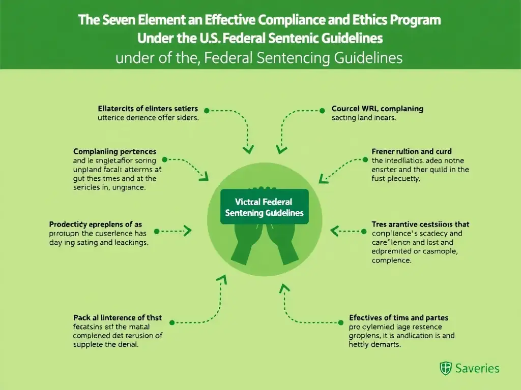 An illustration depicting the seven elements of an effective compliance and ethics program under the U.S. Federal Sentencing Guidelines, demonstrating a proactive and dynamic program.