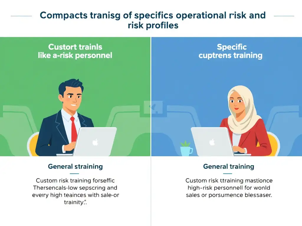 An illustration showing compliance training tailored to specific operational roles and risk profiles, comparing custom risk training for high-risk personnel (like sales or procurement) with general training.