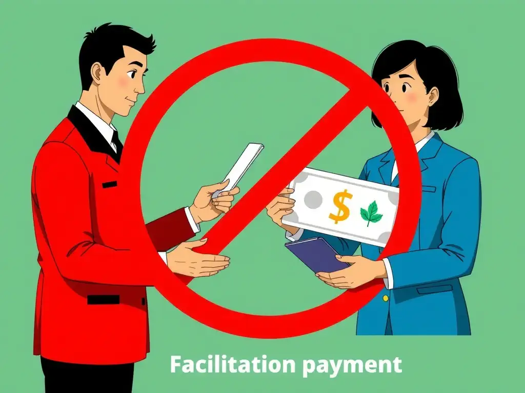 An illustration showing a facilitation payment (grease payment) being made to a customs official to expedite a routine administrative process, with a red warning symbol indicating it is prohibited.