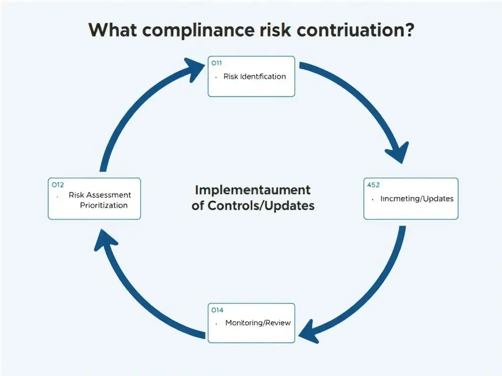 Flowchart illustrating the continuous loop of compliance risk management: 1) Risk Identification, 2) Risk Assessment/Prioritization, 3) Implementation of Controls/Updates, and 4) Monitoring/Review, showing how the cycle repeats to address emerging risks.