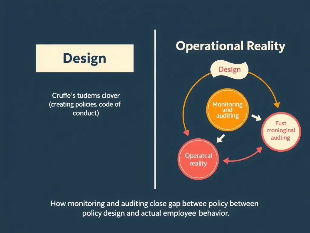 A diagram contrasting "Design" (creating policies, code of conduct) with "Operational Reality" (monitoring, auditing, and corrective action loops), highlighting how monitoring and auditing close the gap between policy design and actual employee behavior.