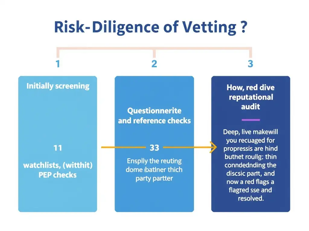 A risk-escalation path showing the due diligence vetting process for a third-party partner: 1) Initial screening (watchlists, PEP checks), 2) Questionnaire and reference checks, and 3) Deep-dive reputational audit, showing how red flags are flagged and resolved.