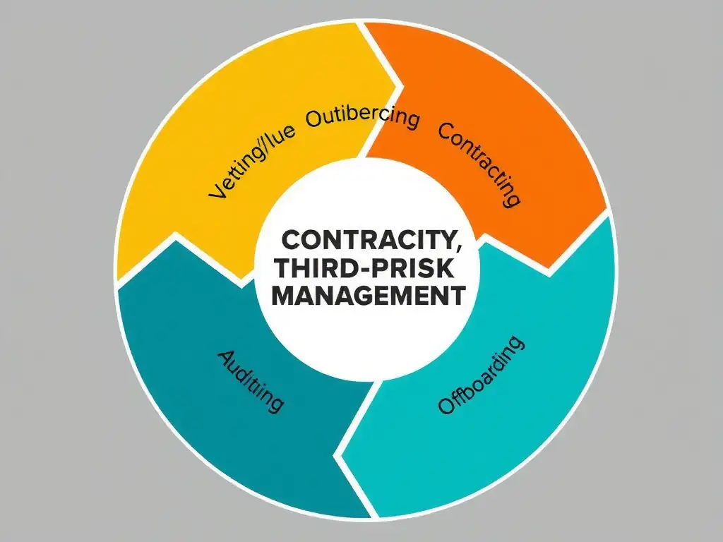 A wheel diagram illustrating the lifecycle stages of Third-Party Risk Management: Vetting/Due Diligence, Contracting & Compliance Clauses, Ongoing Monitoring, Auditing, and Offboarding.