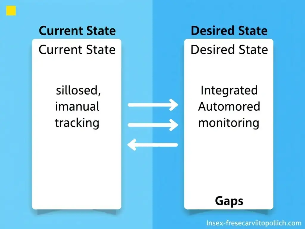 A split-screen comparison visual representing "Current State" (siloed policies, manual tracking) versus "Desired State" (integrated platform, automated monitoring), with arrows highlighting the "Gaps" that need to be addressed.