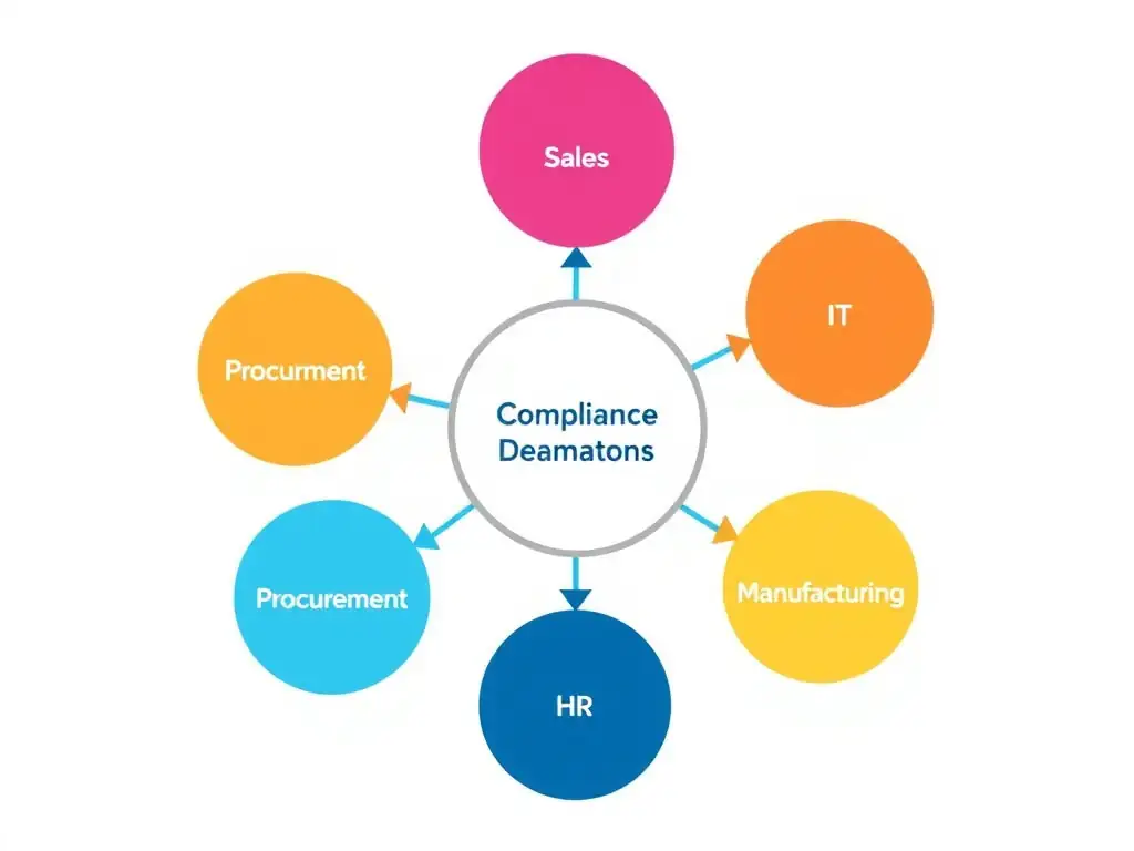 A hub-and-spoke diagram showing the central Compliance Department at the hub, connected to "Compliance Champions" embedded in various outer spokes (Sales, IT, Procurement, HR, Manufacturing) to demonstrate local integration.