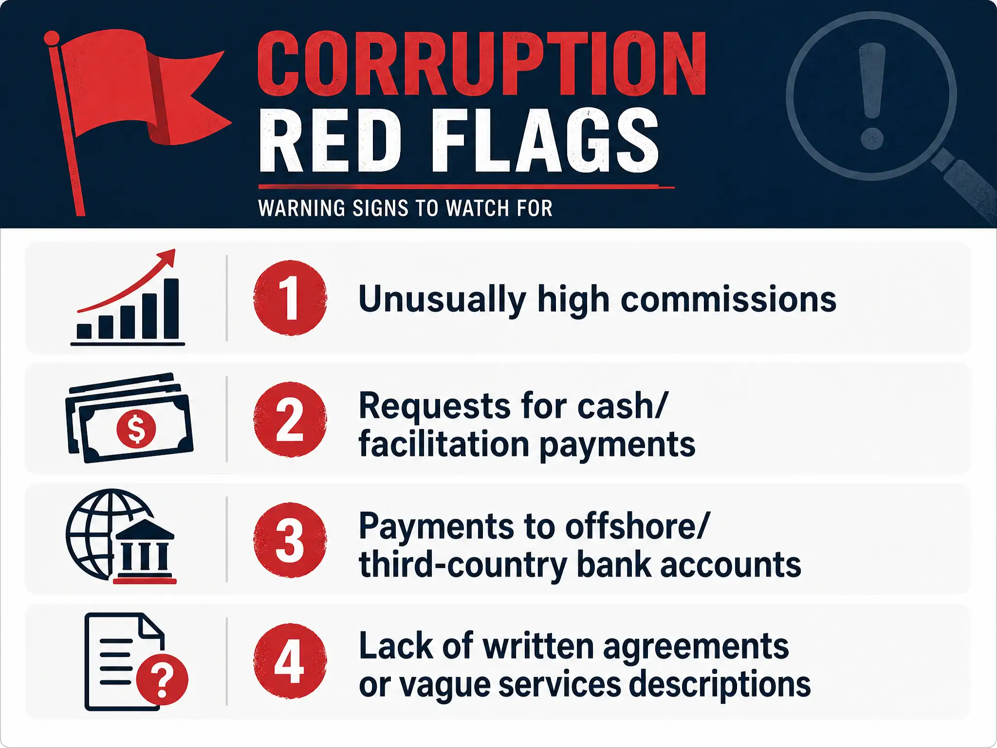 A checklist infographic of corruption red flags: 1) Unusually high commissions, 2) Requests for cash/facilitation payments, 3) Payments to offshore/third-country bank accounts, and 4) Lack of written agreements or vague services descriptions.