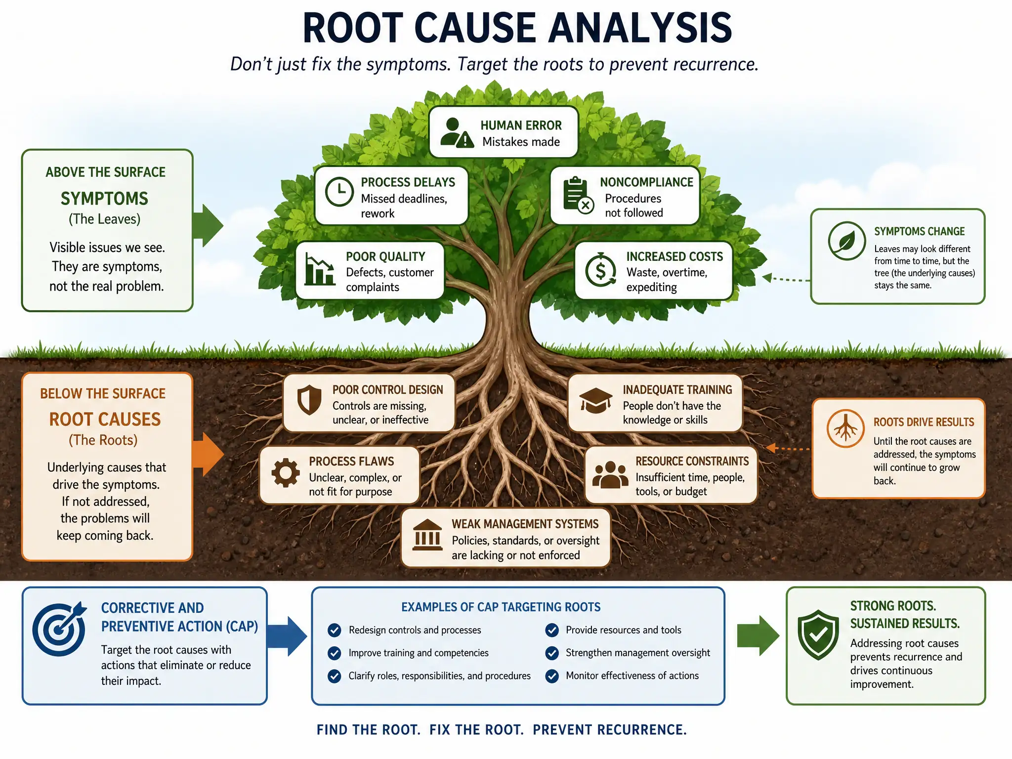A diagram depicting "Root Cause Analysis" (using a tree analogy: symptoms/leaves like "human error" vs. roots like "poor control design", "inadequate training"), showing how a CAP targets the roots to prevent recurrence.
