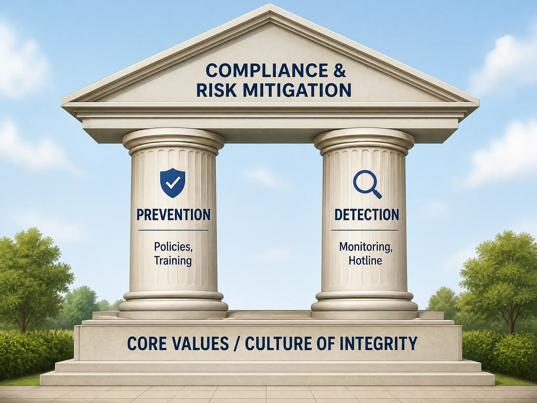 An illustration of a building where the foundation is "Core Values/Culture of Integrity", the pillars are "Prevention" (policies, training) and "Detection" (monitoring, hotline), and the roof is "Compliance & Risk Mitigation".