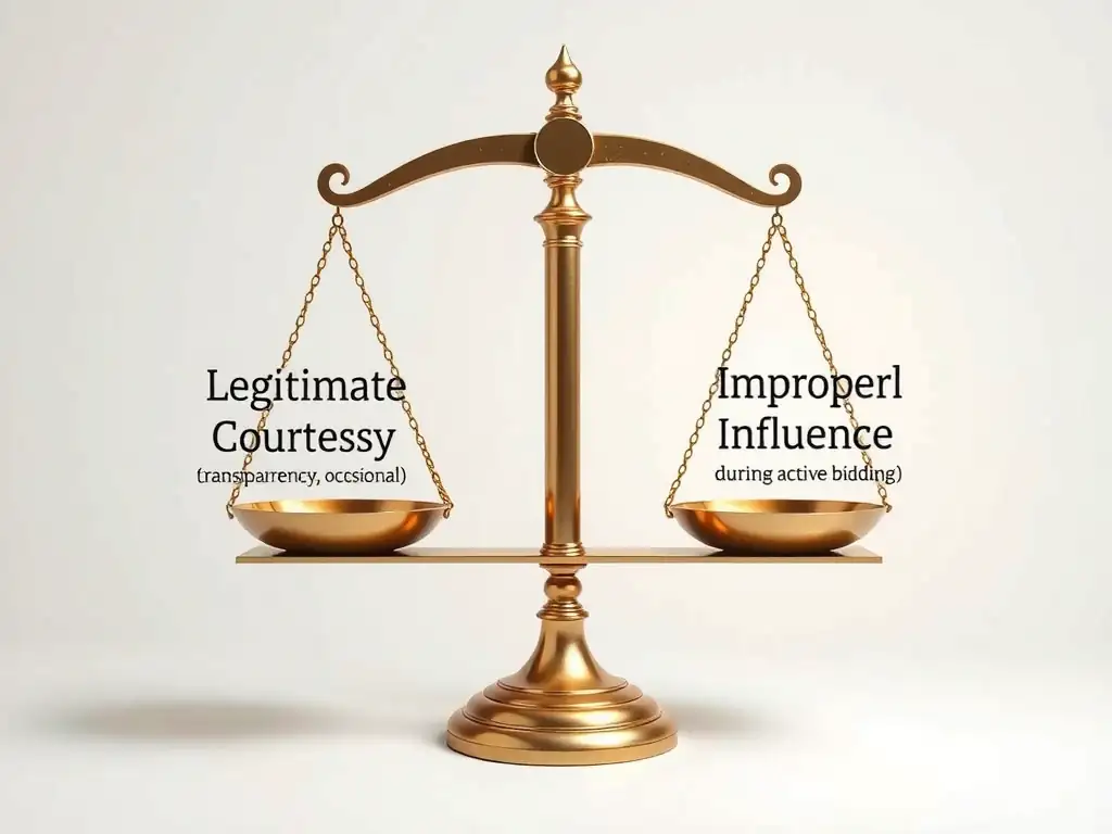 A balance scale depicting "Legitimate Business Courtesy" (nominal value, transparency, occasional) on one side, and "Improper Influence" (high value, secrecy, during active bidding) on the other.