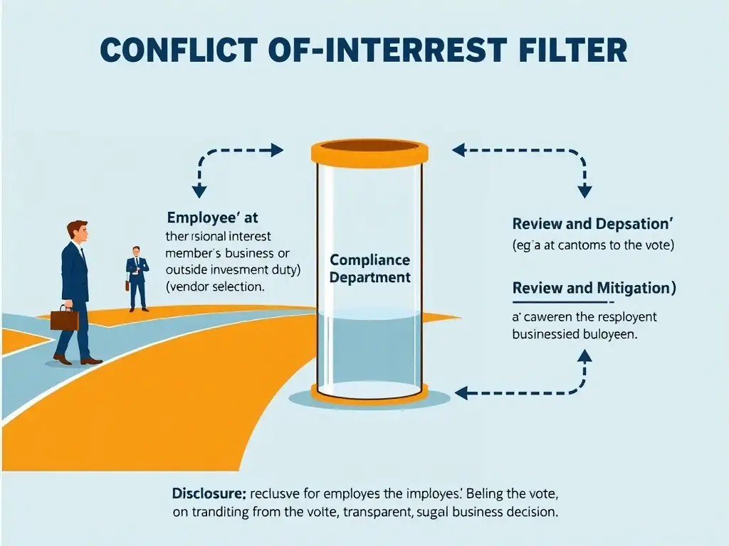 A diagram illustrating a decision-making filter for a conflict of interest. An employee is at a crossroads where a personal interest (represented by a family member's business or outside investment) intersects with a professional duty (vendor selection). The filter requires 'Disclosure' to the 'Compliance Department', which leads to 'Review and Mitigation' (e.g., recusing the employee from the vote), resulting in a transparent, unbiased business decision.