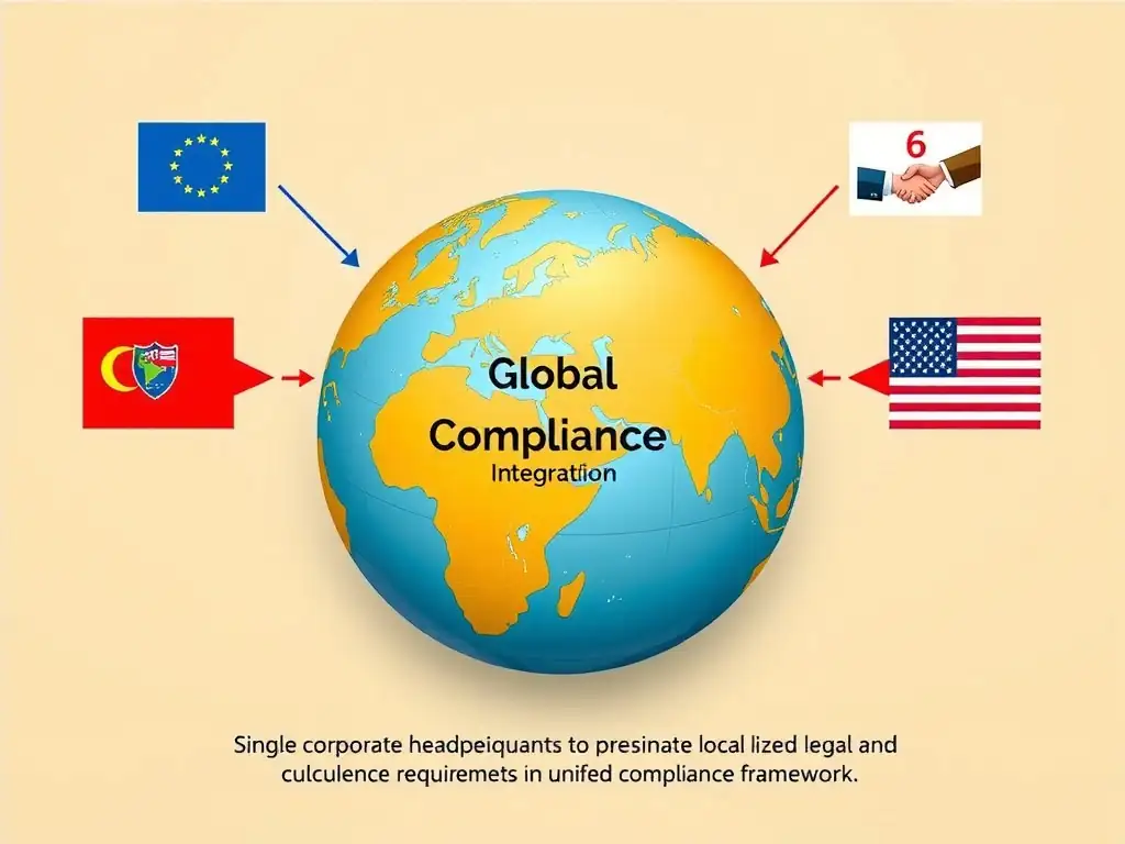 An infographic showing a globe with different regional compliance icons pointing to it: Europe (Data Privacy shield), Asia (Gift-giving handshake protocol), and the USA (Whistleblower protection). The central theme is 'Global Compliance Integration,' depicting how a single corporate headquarters coordinates these localized legal and cultural requirements into a unified compliance framework.
