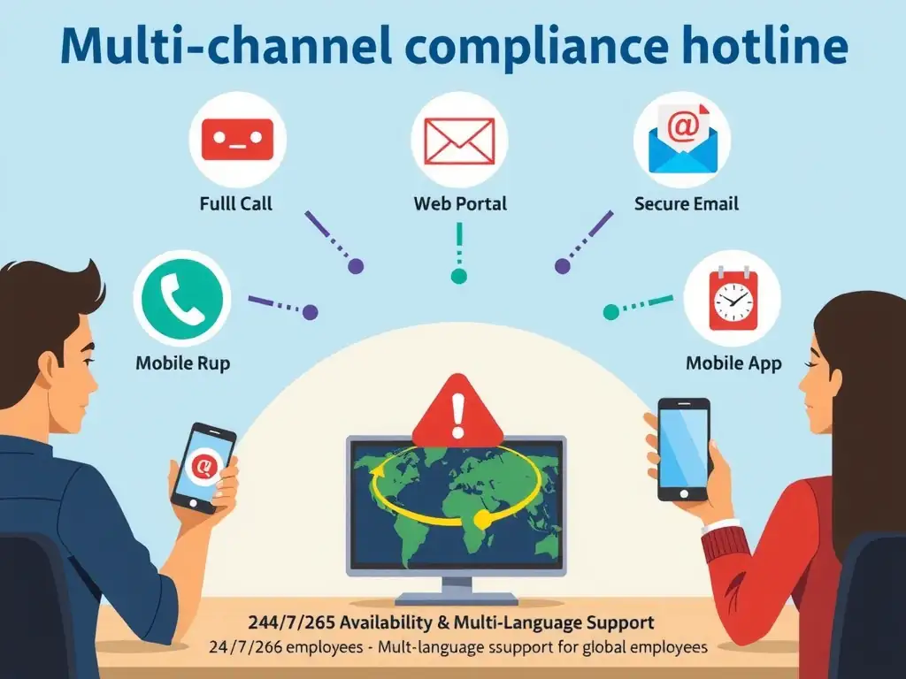 An illustration of a multi-channel compliance hotline dashboard. Icons representing 'Phone Call,' 'Web Portal,' 'Secure Email,' and 'Mobile App' feed into a central, secure compliance intake hub. The graphic emphasizes '24/7/365 Availability' and 'Multi-Language Support' to show accessibility for global employees.