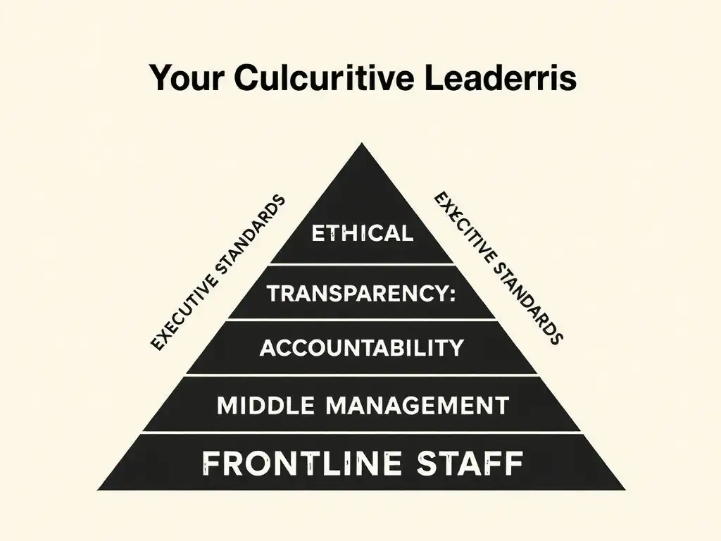 A pyramid diagram showing 'Executive Leadership' at the apex radiating outward arrows of 'Ethical Standards,' 'Transparency,' and 'Accountability' down through 'Middle Management' to 'Frontline Staff,' illustrating how the culture at the top shapes the behavior of the entire organization.