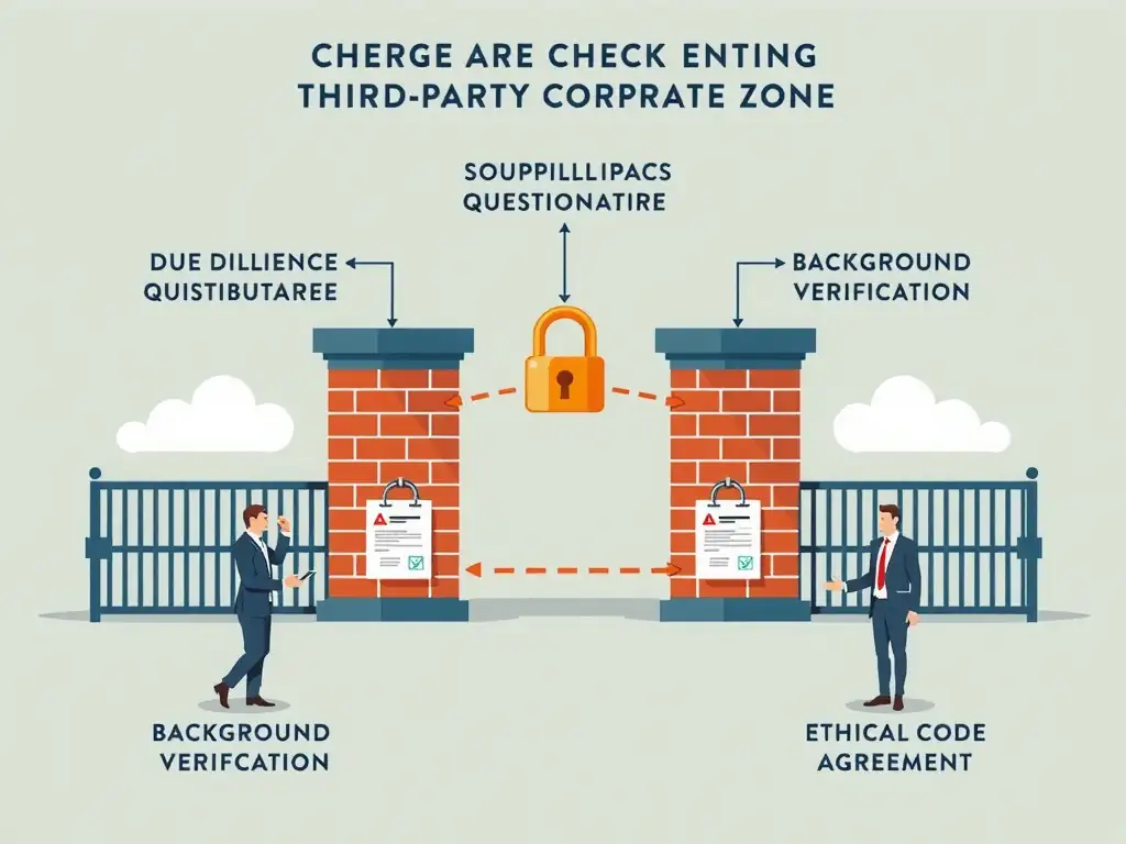 A diagram illustrating a corporate firewall or gatekeeper checking third-party entities (Suppliers, Distributors, Consultants). Each entity must pass through security gates like 'Due Diligence Questionnaire,' 'Background Verification,' and 'Ethical Code Agreement' before entering the secure corporate zone.