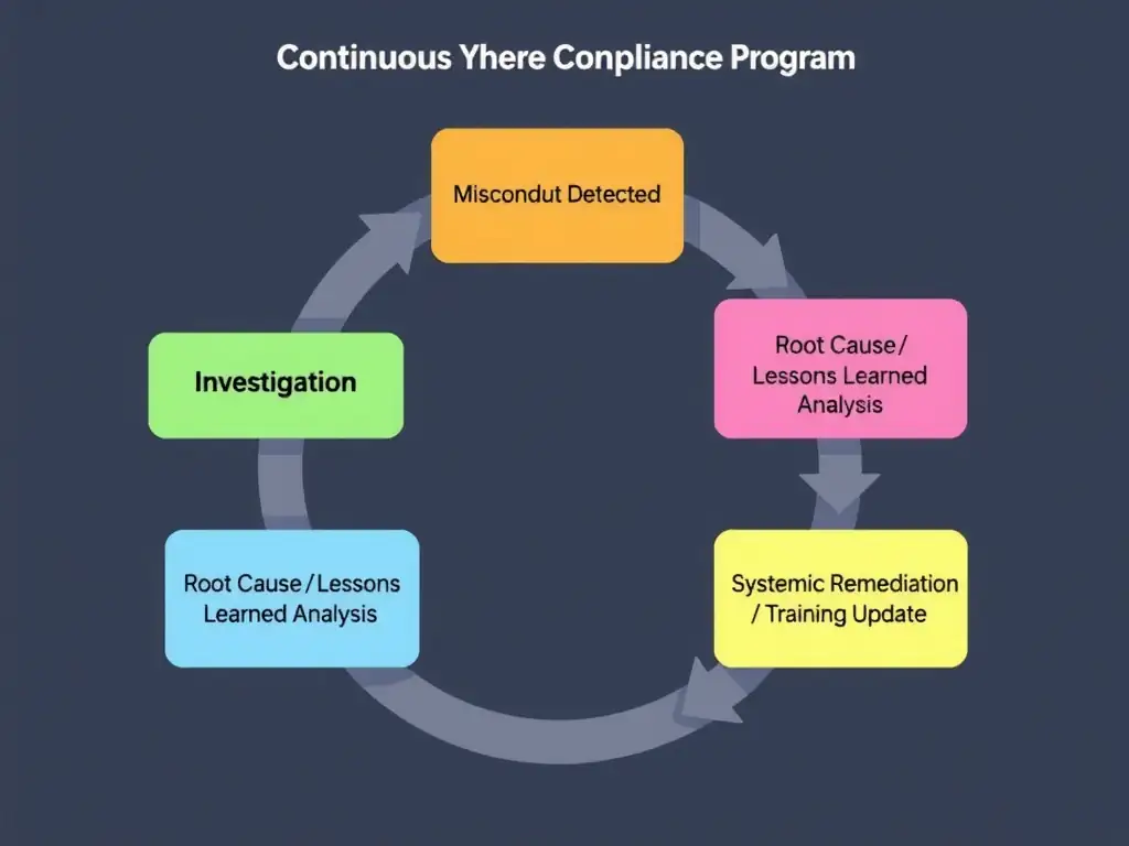 A flowchart showing the loop of continuous compliance improvement: starting with 'Misconduct Detected,' leading to 'Investigation,' then to 'Root Cause / Lessons Learned Analysis' (identifying policy gaps and control failures), and finally to 'Systemic Remediation / Training Update' which feeds back to strengthen the overall Compliance Program.