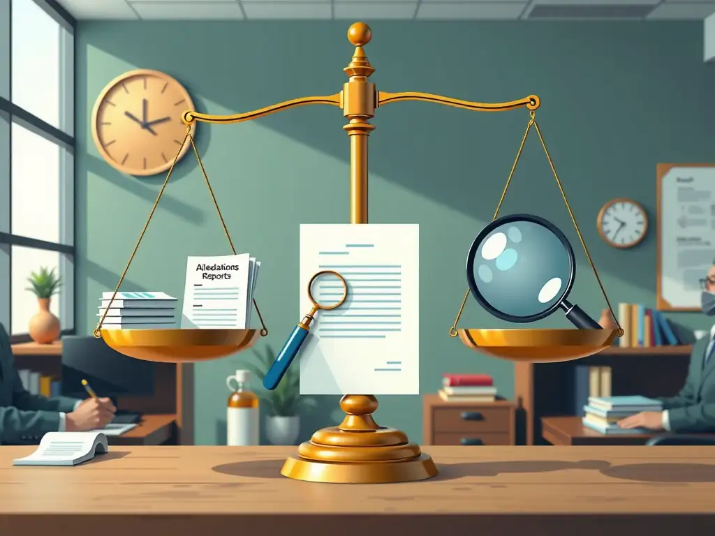 An illustration of a balance scale of justice inside a corporate office. On one side are 'Allegations & Reports' and on the other is a magnifying glass examining 'Objective Facts, Emails, and Interviews,' leading to a final 'Corrective Action' document.