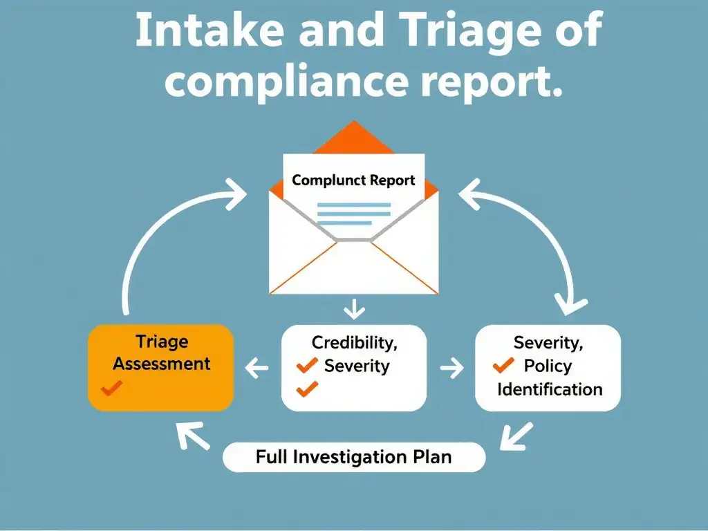 A diagram depicting the intake and triage process of a compliance report. An envelope labeled 'Misconduct Report' is received by a Compliance Officer, who immediately initiates a 'Triage Assessment' (represented by checkmarks for Credibility, Severity, and Policy Identification) before launching the 'Full Investigation Plan'.
