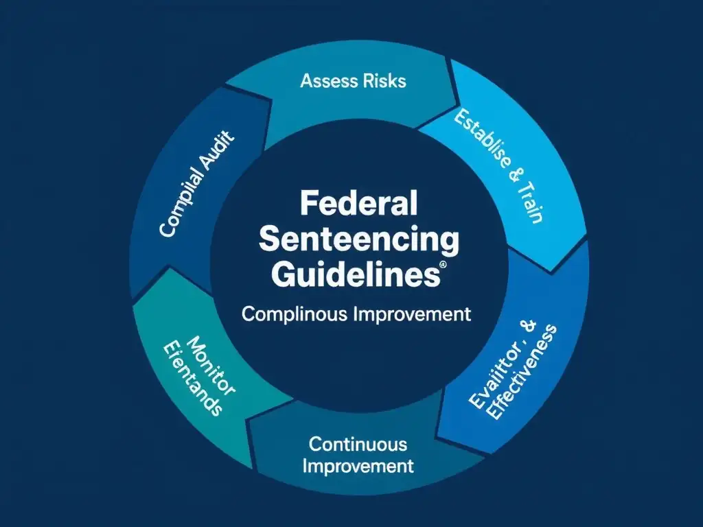 A cycle diagram showing the steps of the Federal Sentencing Guidelines' compliance loop: starting with 'Assess Risks,' moving to 'Establish Standards,' 'Communicate & Train,' and focusing on 'Monitor, Audit, & Evaluate Effectiveness' to drive 'Continuous Improvement'.