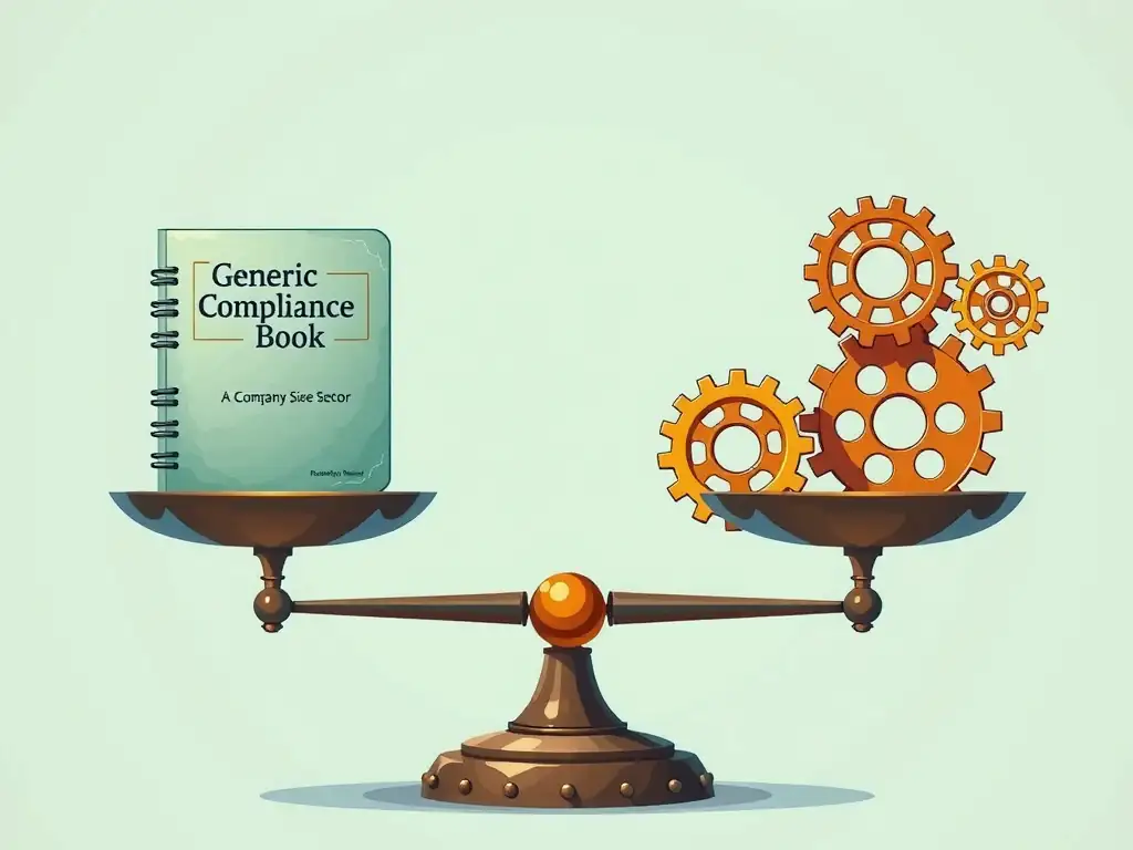 An illustration of a scale with a generic compliance book on one side, and on the other, a set of customized gears representing 'Company Size,' 'Industry Sector,' and 'Risk Profile' working together, showing how a program must be dynamically adjusted to fit the specific contours of a business.