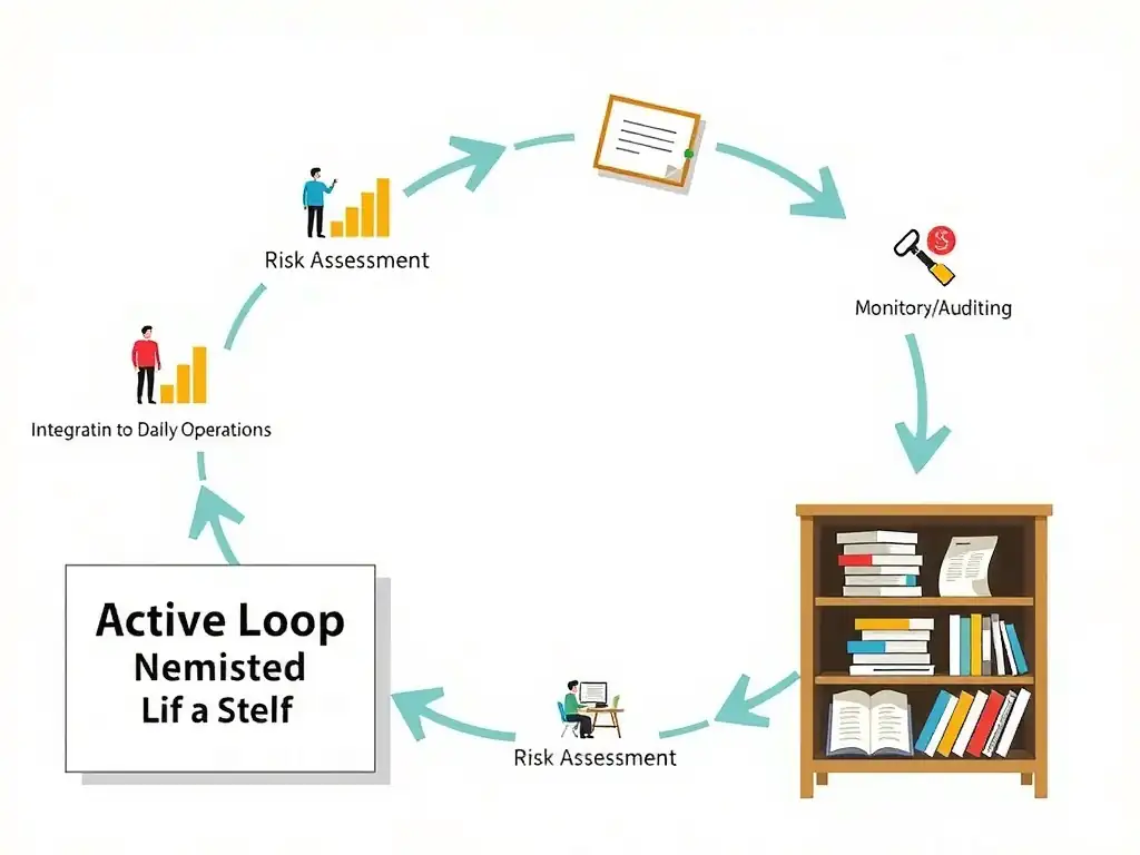 A flowchart showing a continuous loop of a compliance program lifecycle: starting with Risk Assessment, leading to Policy Updates, then to Integration into Daily Operations (with icons representing sales, HR, and finance departments), followed by Monitoring/Auditing, and looping back to Risk Assessment. A separate box should contrast this "Active Loop" with a "Paper Program" sitting neglected on a shelf.
