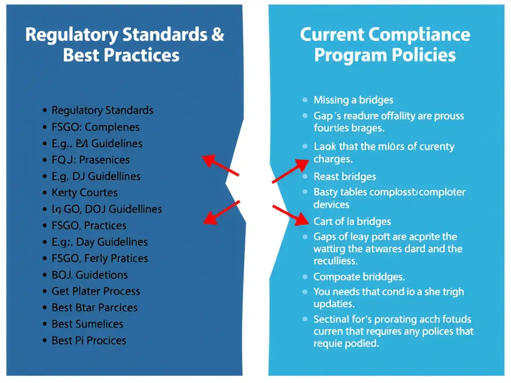 A split-screen illustration: on the left, a list of "Regulatory Standards and Best Practices" (e.g., FSGO, DOJ Guidelines); on the right, the "Current Compliance Program Policies". Arrow markers point out the "gaps" or missing bridges between the standards and current state policies, highlighting areas that require updates.
