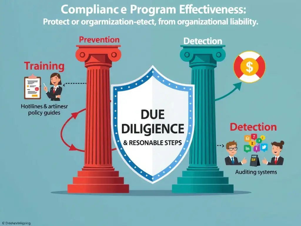 An illustration demonstrating two main pillars of compliance program effectiveness: "Prevention" (showing training and policy guides) and "Detection" (showing hotlines and auditing systems). A shield labeled "Due Diligence & Reasonable Steps" surrounds the pillars, protecting the organization from organizational liability.