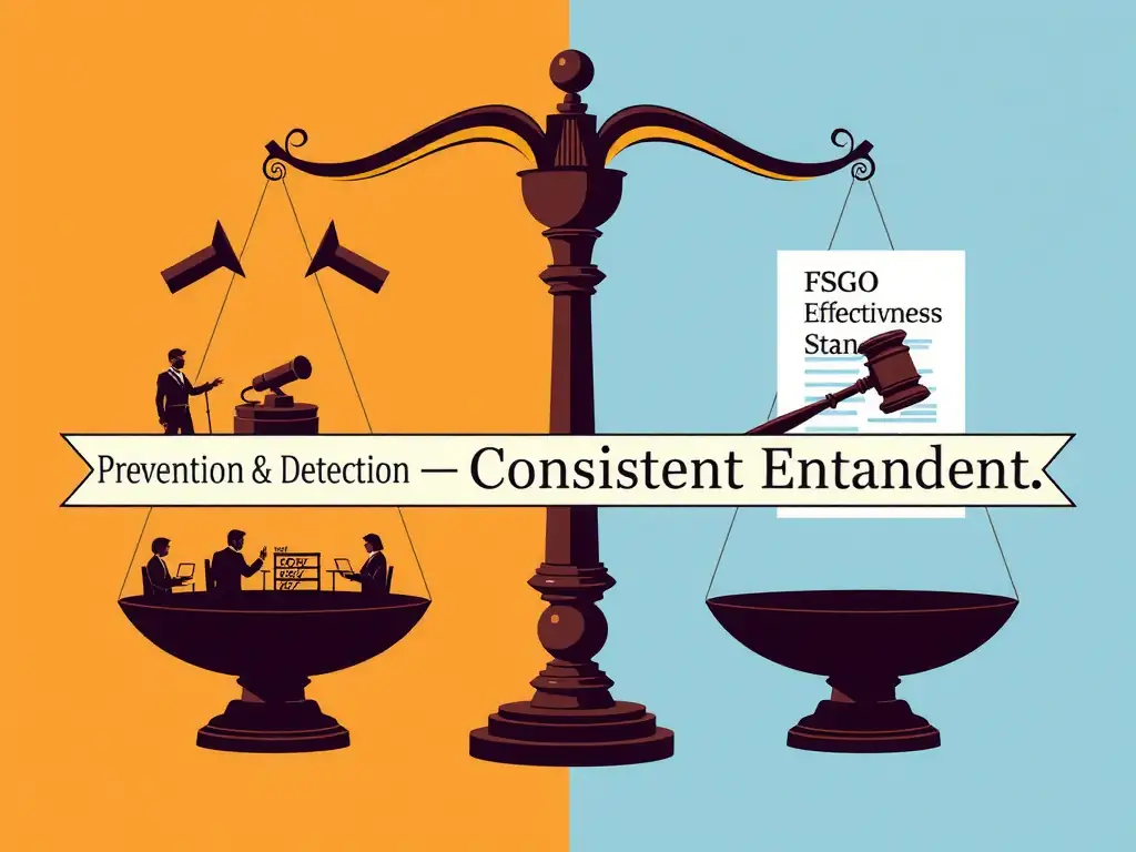 A graphic depicting two scales: one side labeled "Prevention & Detection" showing surveillance tools, compliance training, and hotlines; the other side labeled "Consistent Enforcement" showing a gavel or disciplinary policy document. A banner across both scales reads "FSGO Effectiveness Standards".