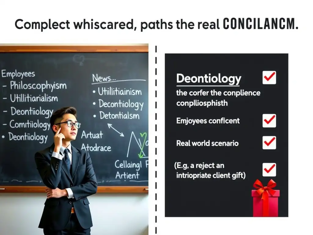 A contrast graphic: on the left, an employee looking confused while staring at a blackboard filled with complex philosophical terms like "Utilitarianism" and "Deontology". On the right, an employee confidently selecting the correct compliance path in a real-world scenario (e.g., rejecting an inappropriate client gift) with a checkmark.
