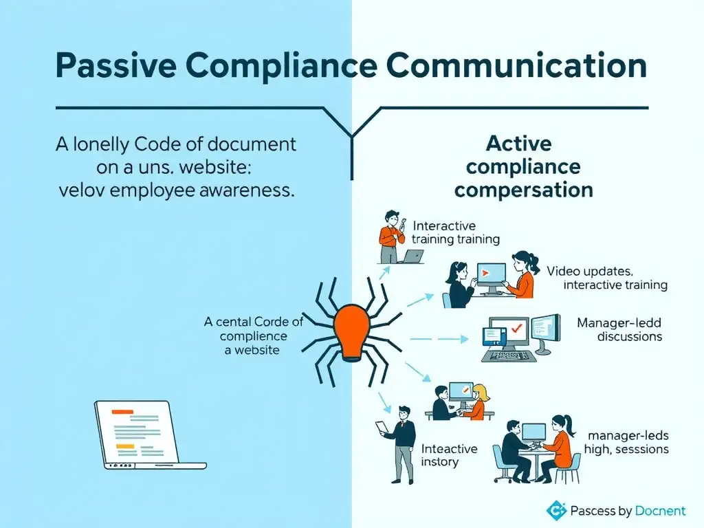 An infographic comparing 'Passive Compliance Communication' (a lonely Code of Conduct document sitting on a website with a spiderweb, resulting in low employee awareness) versus 'Active Compliance Communication' (a central Code of Conduct branching out to various channels like interactive training, video updates, manager-led discussions, and Q&A sessions, resulting in high employee comprehension).