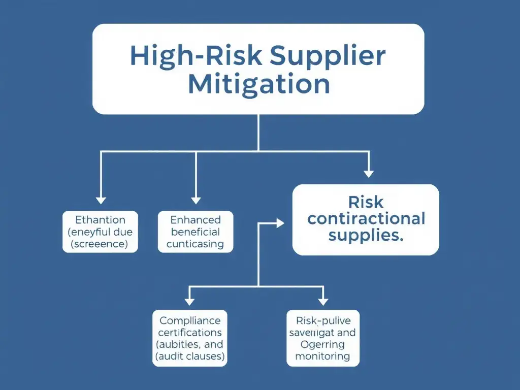 A decision-tree diagram showing the workflow for high-risk supplier mitigation: progressing from risk identification, to enhanced due diligence (checks on beneficial ownership, screening), to contractual safeguards (compliance certifications and audit clauses), resulting in risk mitigation and ongoing monitoring.