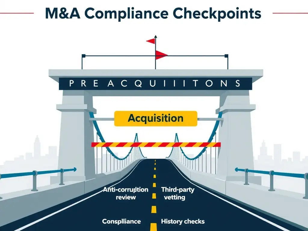 An architectural schematic illustrating the M&A compliance checkpoint, where a bridge representing 'Acquisition' is blocked by a tollgate labeled 'Pre-Acquisition Compliance Due Diligence,' showing key inspection items like anti-corruption review, third-party vetting, and compliance history checks.