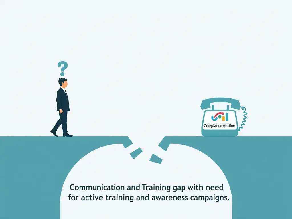 A conceptual graphic showing a barrier between an employee with a question mark over their head and a phone icon labeled 'Compliance Hotline', with a broken bridge labeled 'Communication and Training gap' separating them, emphasizing the need for active training and awareness campaigns.