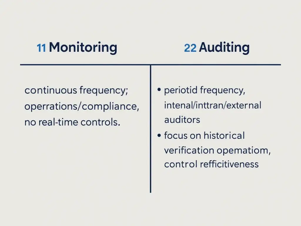 A side-by-side comparison table outlining: 1) Monitoring: continuous frequency, executed by operations/compliance, focus on real-time controls; 2) Auditing: periodic frequency, executed by independent internal/external auditors, focus on historical verification and control effectiveness.