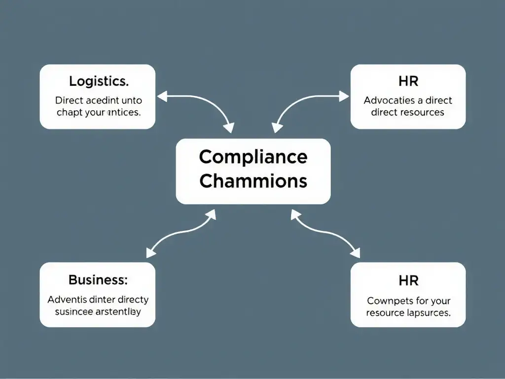A hub-and-spoke diagram illustrating a central 'Compliance Department' connected to several local 'Compliance Champions' embedded within different business units (Logistics, Sales, HR), showing the champions acting as advocates and direct resources for their peers.