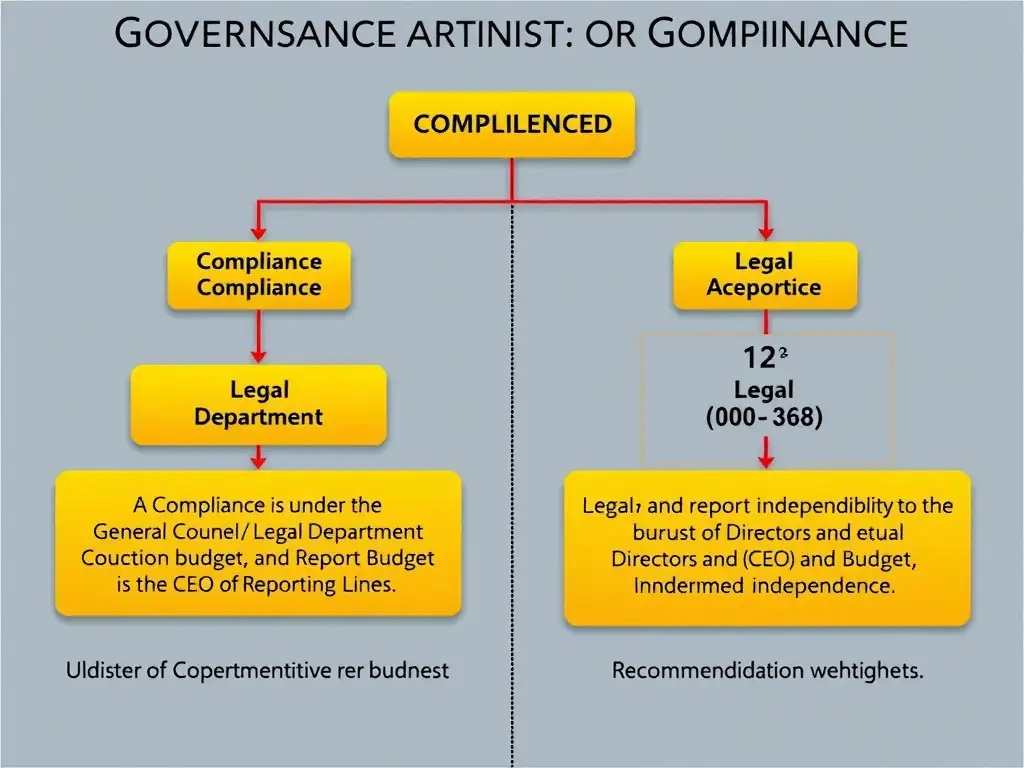 A governance organization chart displaying two paths: 1) A compromised structure where Compliance is under the General Counsel / Legal Department, showing restricted budget and reporting lines, and 2) A recommended structure where both Legal and Compliance report independently to the CEO and Board of Directors, ensuring equal authority and budget independence.