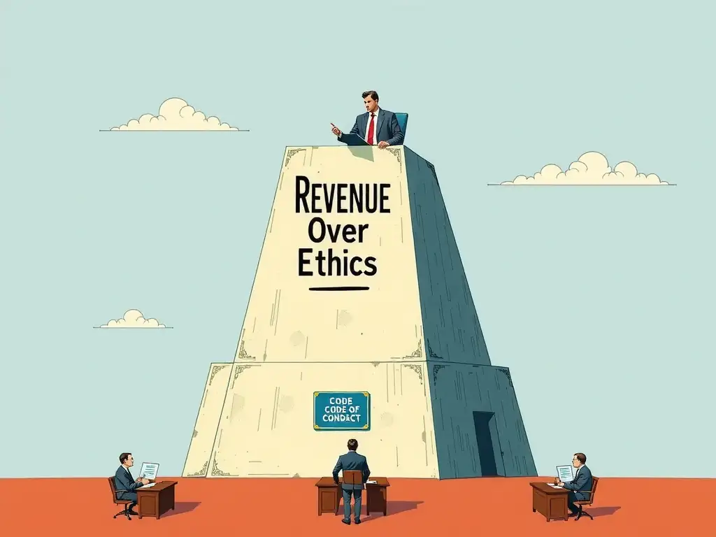 A conceptual drawing of a corporate building, with the executive suite at the top casting a shadow of 'Revenue Over Ethics' downward, causing the middle and lower floors to ignore the Code of Conduct manuals on their desks, illustrating how a poor 'tone at the top' corrupts the compliance culture.