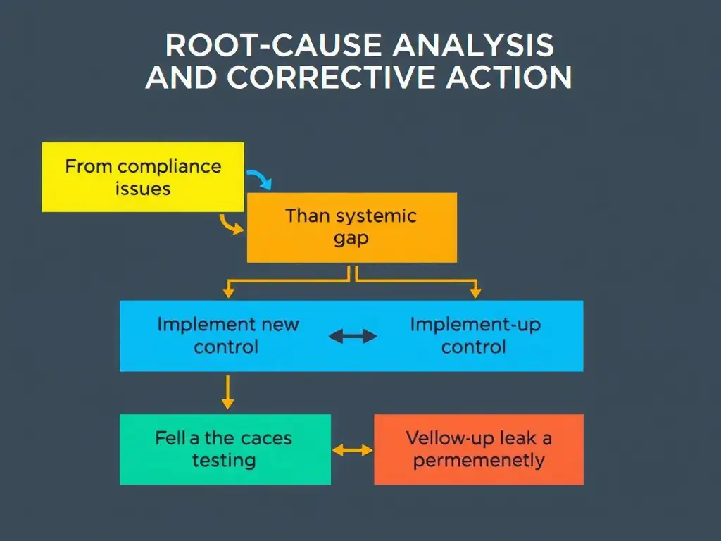 A flowchart representing a root-cause analysis and corrective action process: starting from a compliance issue, identifying the systemic gap (the root cause), implementing a new control, and conducting follow-up testing to verify that the leak has been permanently stopped.