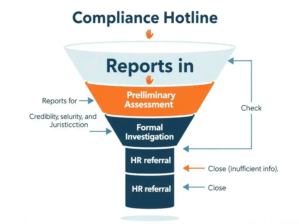 A funnel diagram showing compliance hotline intake: reports flow in, pass through a 'Preliminary Assessment (Triage)' filter checking for credibility, severity, and jurisdiction, and are then routed to either 'Formal Investigation,' 'HR referral,' or 'Close (insufficient info).'