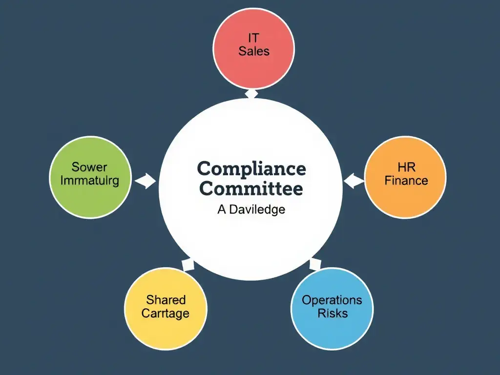 A hub-and-spoke diagram illustrating a central compliance committee linked to different business unit managers (IT, Sales, HR, Finance, Operations), demonstrating the collaborative flow of risk information and shared ownership.